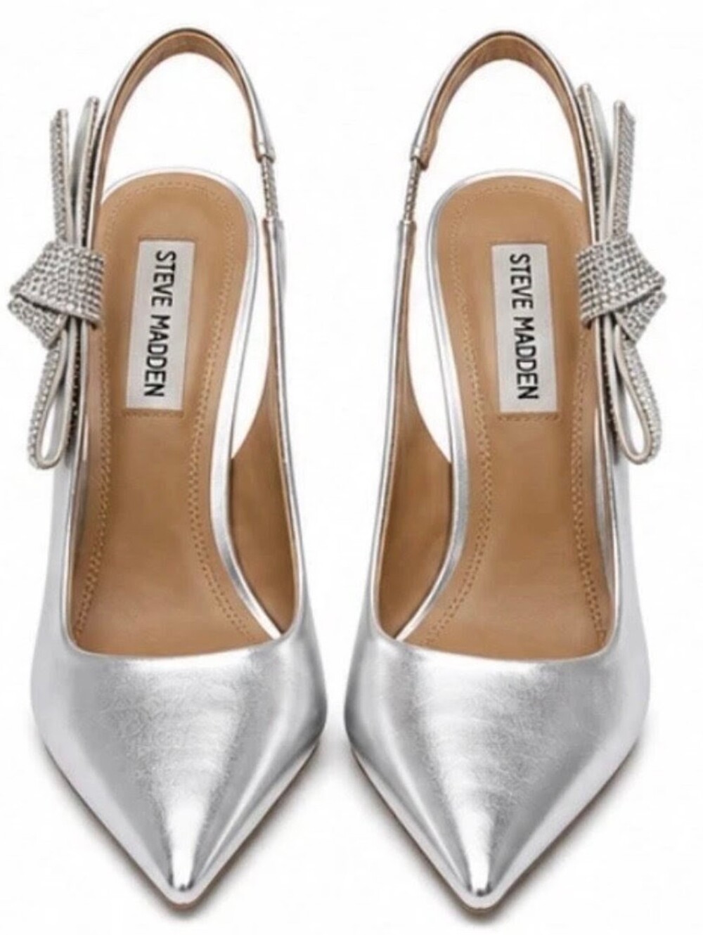 Steve Madden Stefani Metallic Silver Rhinestone Bow Slingback Pumps sz 7 Holiday